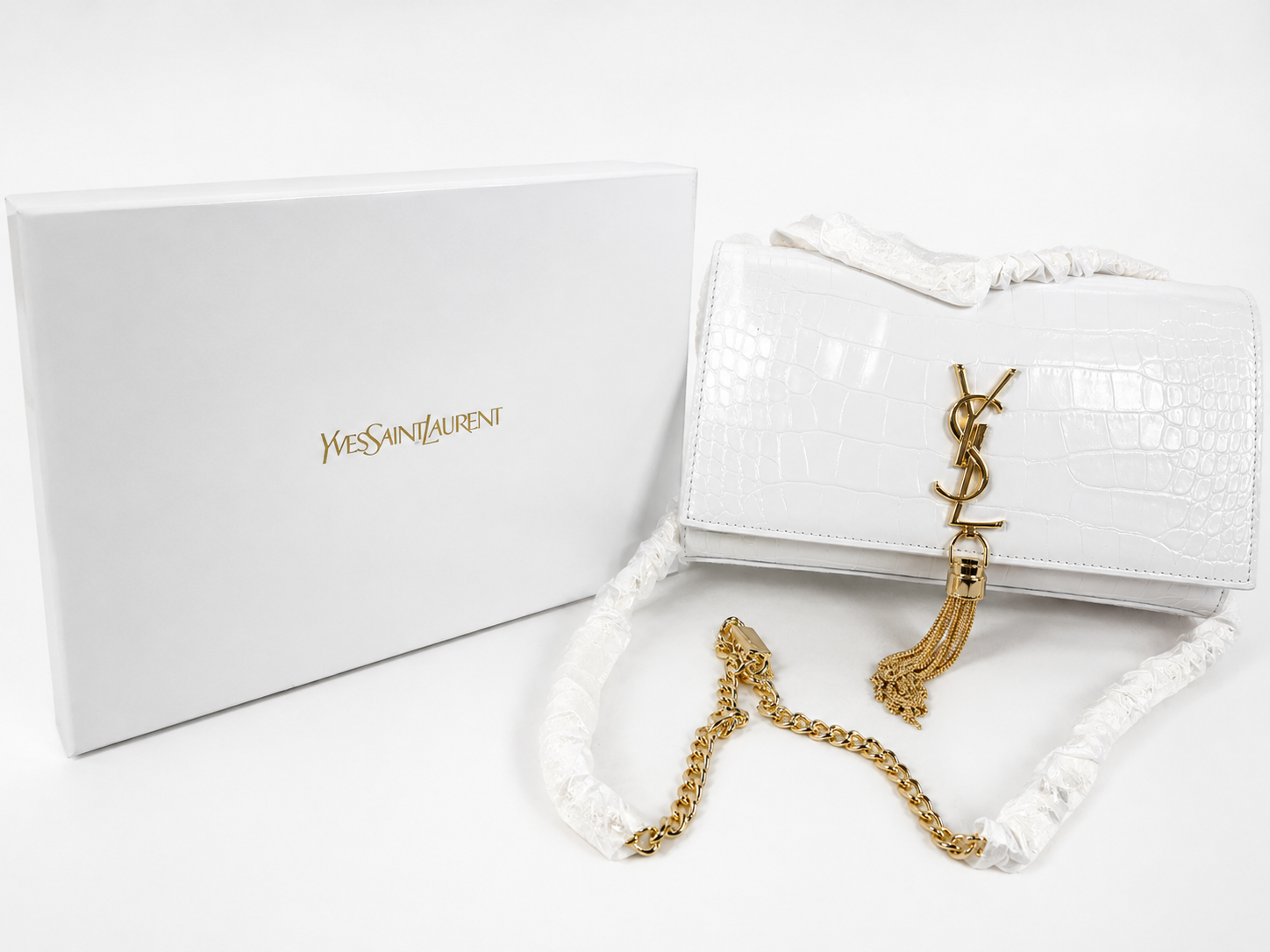 White Crocodile Embossed YSL Style Shoulder Bag Gold Chain Crossbody Purse