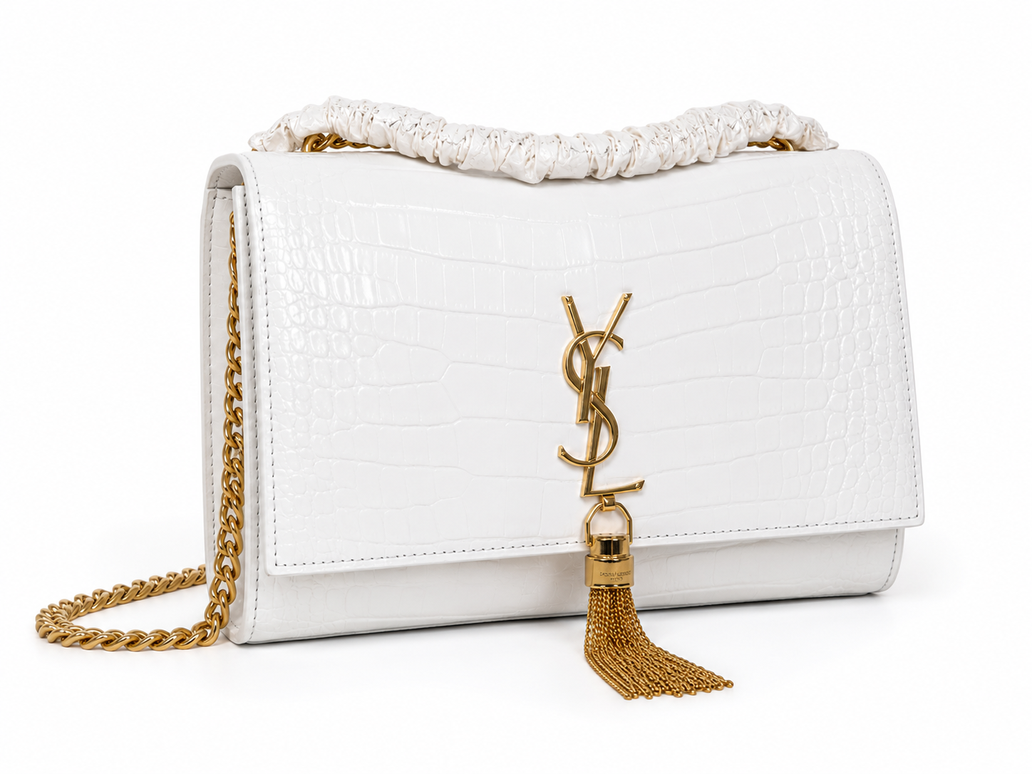 White Crocodile Embossed YSL Style Shoulder Bag Gold Chain Crossbody Purse