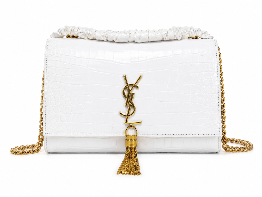 White Crocodile Embossed YSL Style Shoulder Bag Gold Chain Crossbody Purse