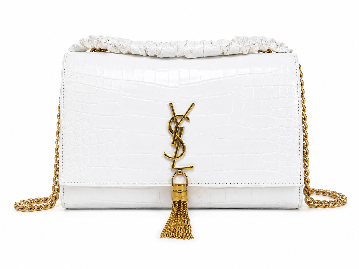 White Crocodile Embossed YSL Style Shoulder Bag Gold Chain Crossbody Purse