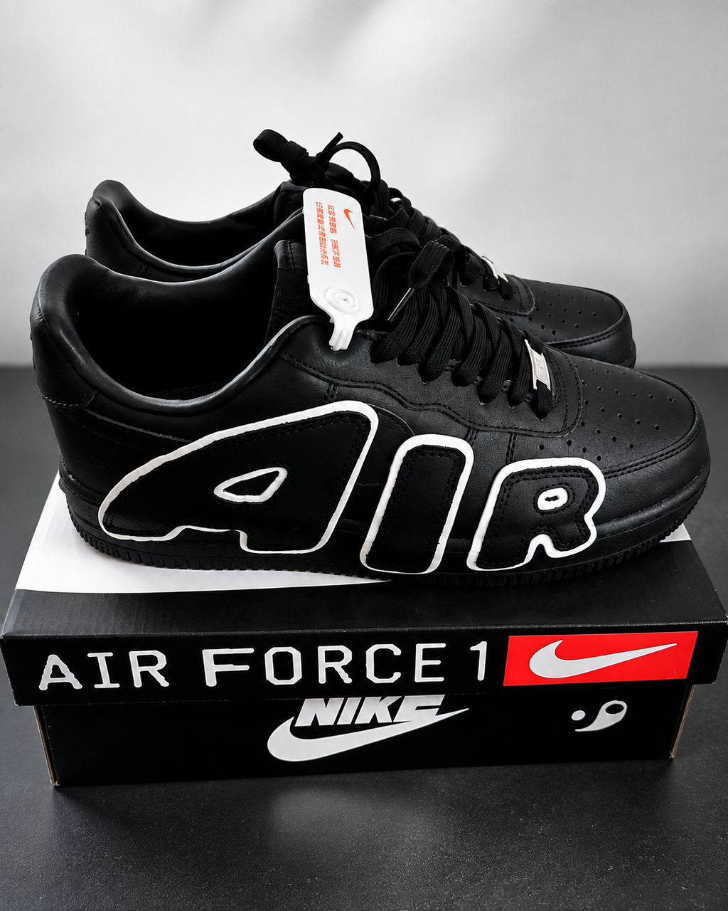 Black Air Force 1 Style Sneakers, Black & White AIR Design